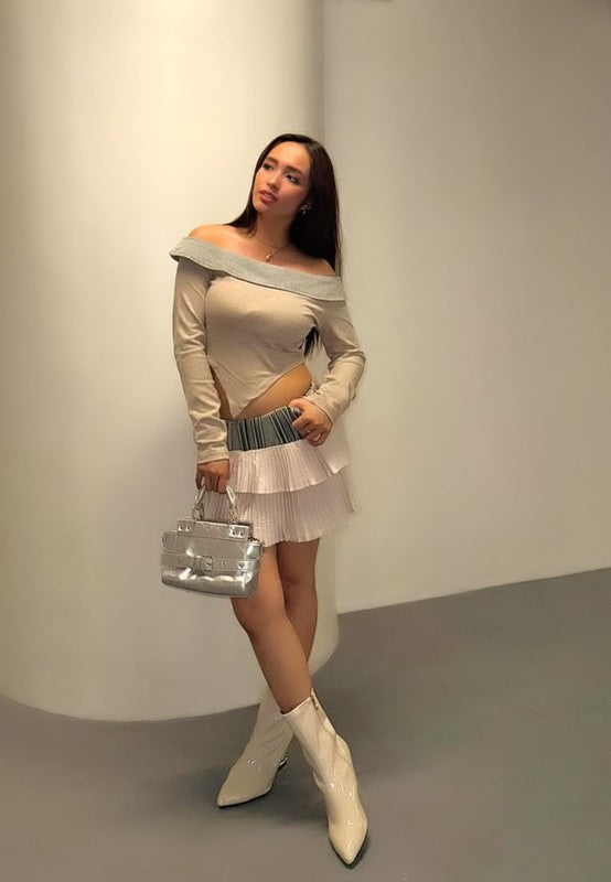 Beige patent faux-leather heeled boots with gold geometric block heel and side zipper