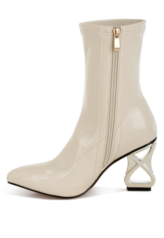 Beige patent faux-leather mid-calf boots with side zipper and gold geometric block heel