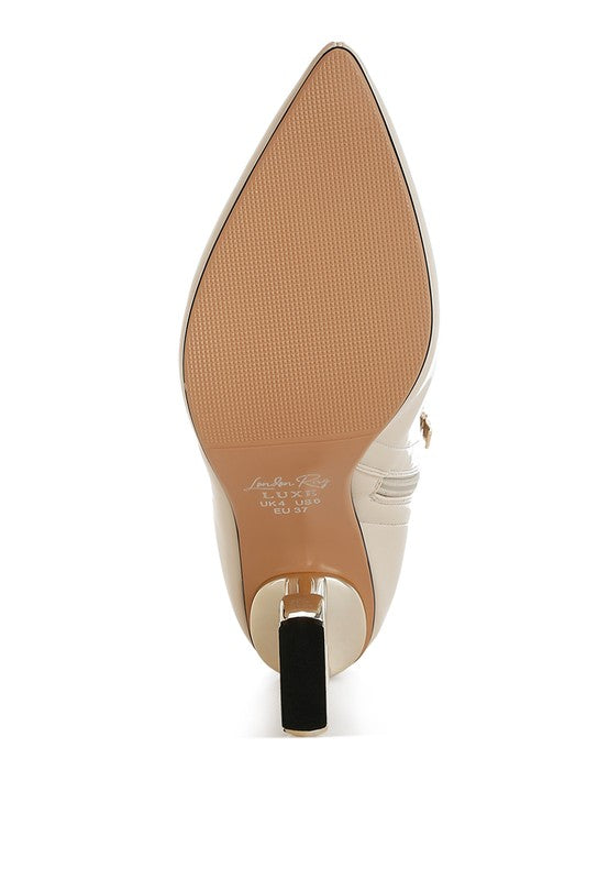 Beige patent-look faux leather ankle boot with pointed toe and high stiletto heel