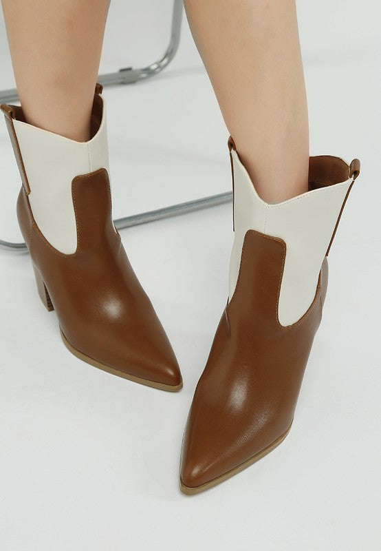 Brown cowboy boots with off-white side panels and stacked block heel