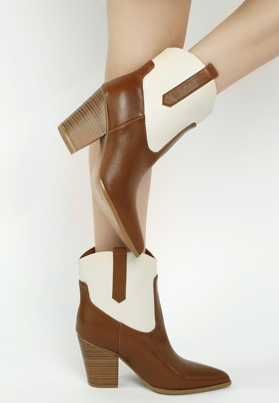 Two-tone cowboy ankle boots: brown leather with off-white and tan strap accents