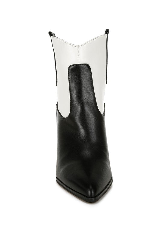 Black and off-white cowboy boots with off-white top shaft and black center panel