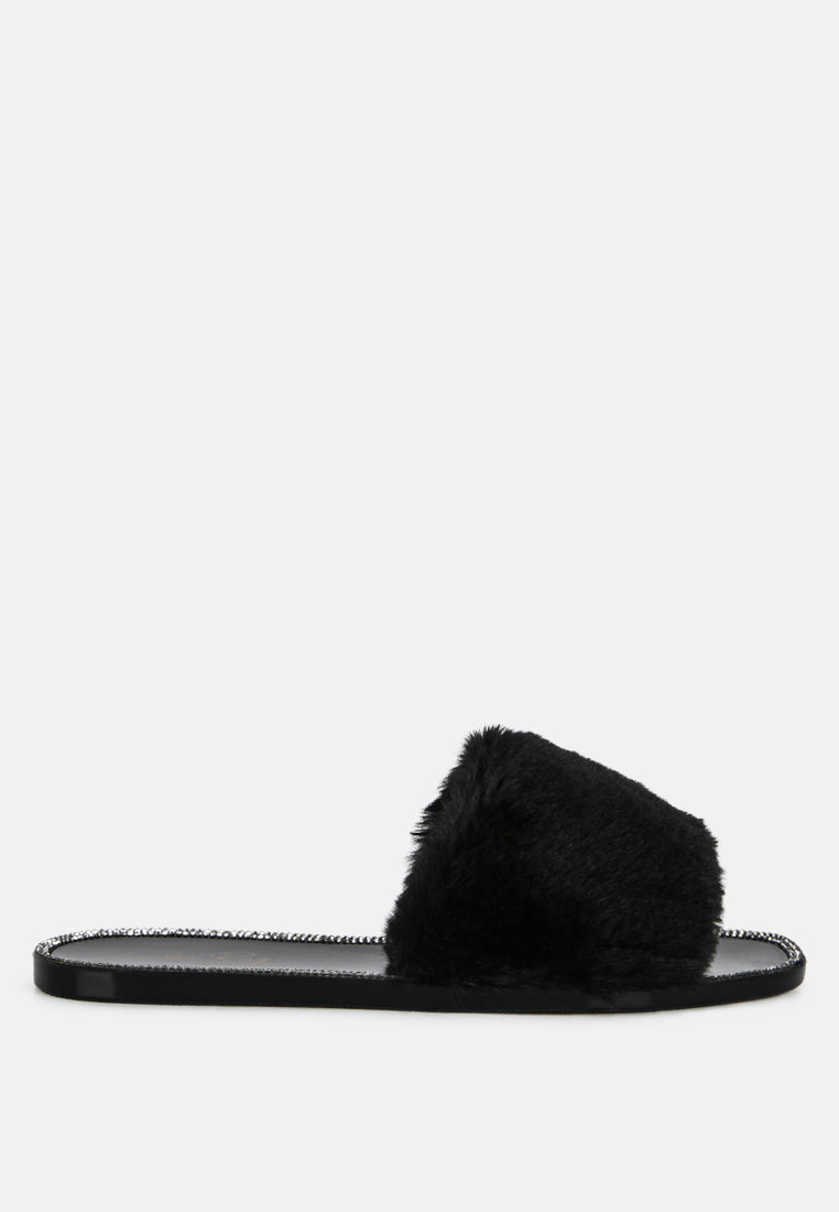 Geese Faux Fur Diamante Detail Jelly Flats - Tigbul's Variety Fashion Shop