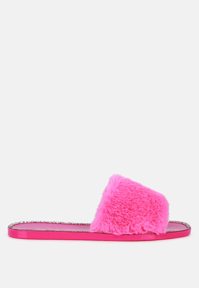 Geese Faux Fur Diamante Detail Jelly Flats - Tigbul's Variety Fashion Shop
