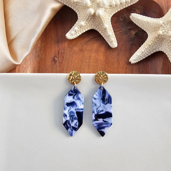 Gemma earrings: gold-tone tops with blue marbled teardrop dangles in Ocean Waves