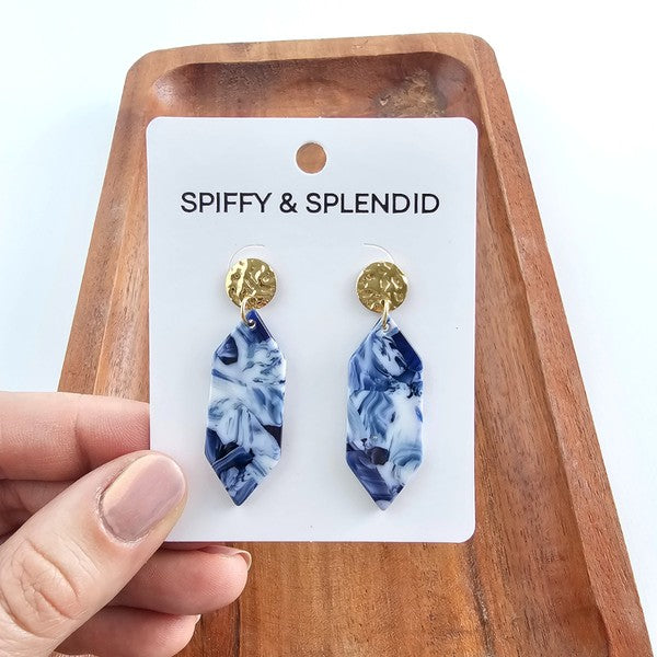 Spiffy & Splendid Gemma earrings on display card: gold posts with blue ocean-wave drops