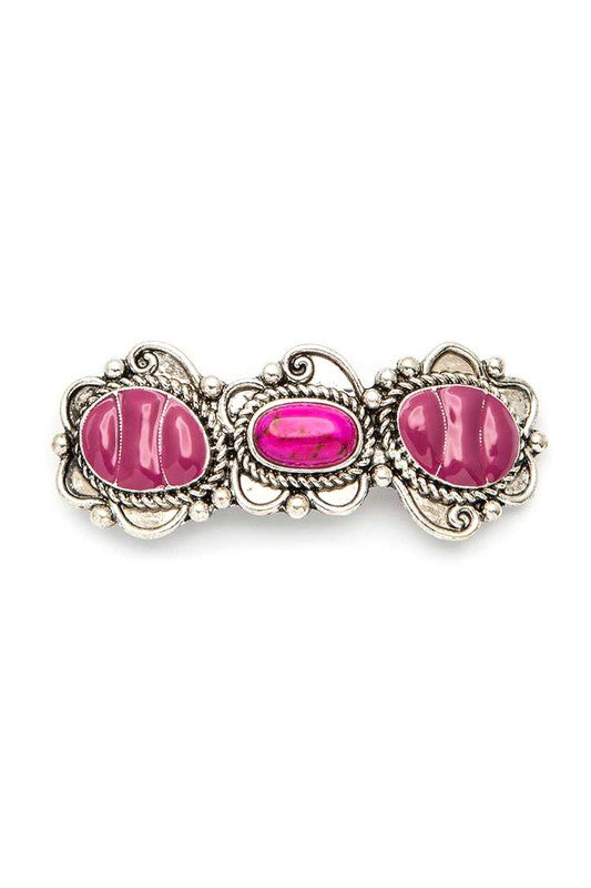 Western beret hair clip with fuchsia stone cabochons, silver-tone setting