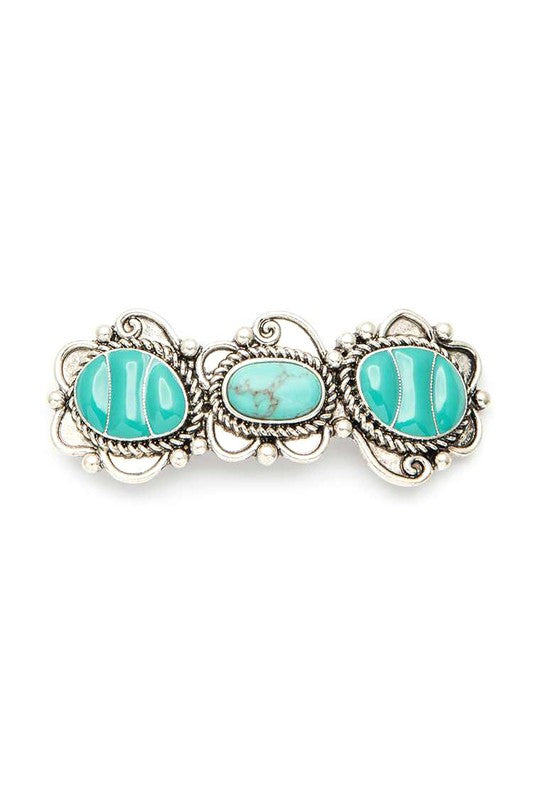 Western beret hair clip with turquoise stone cabochons and oval center, silver-tone