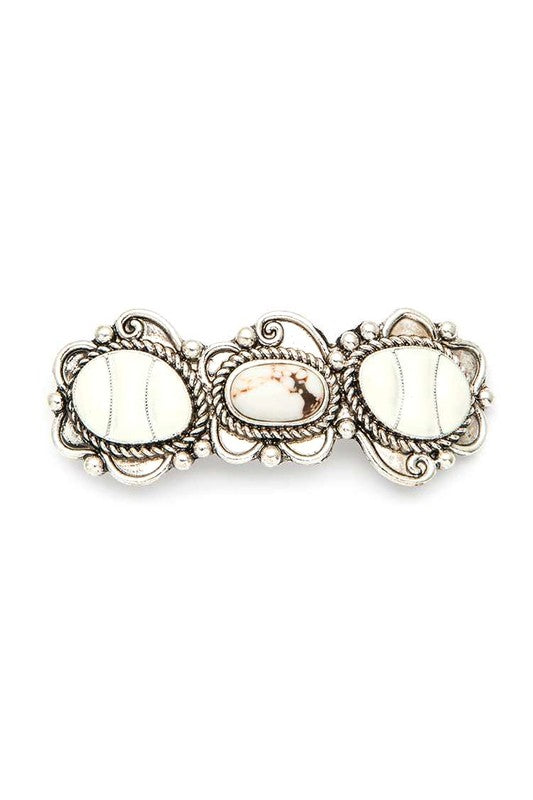 Western beret hair clip with white cabochons and oval center stone, silver-tone