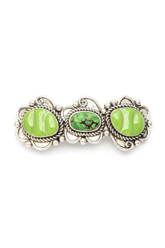 Western beret hair clip with green stone cabochons and oval center, silver-tone