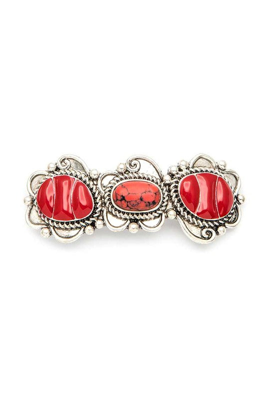 Western beret hair clip with red stone cabochons and oval center, silver-tone