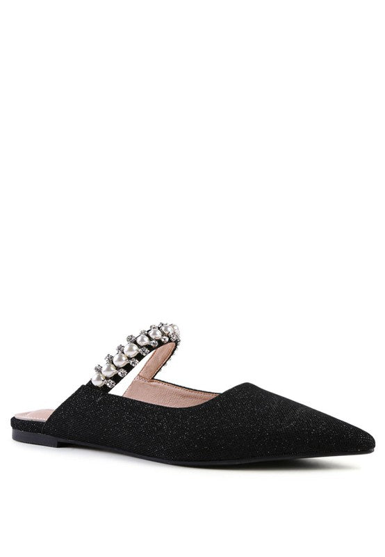 GEODE Mary Jane cutout embellished mules, black with rhinestone-and-pearl strap