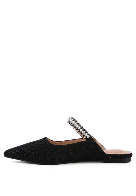 Black cutout mule with jeweled strap of pearls and rhinestones, pointed toe