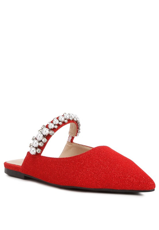 Red mule with embellished Mary Jane strap, pearl-and-rhinestone trim