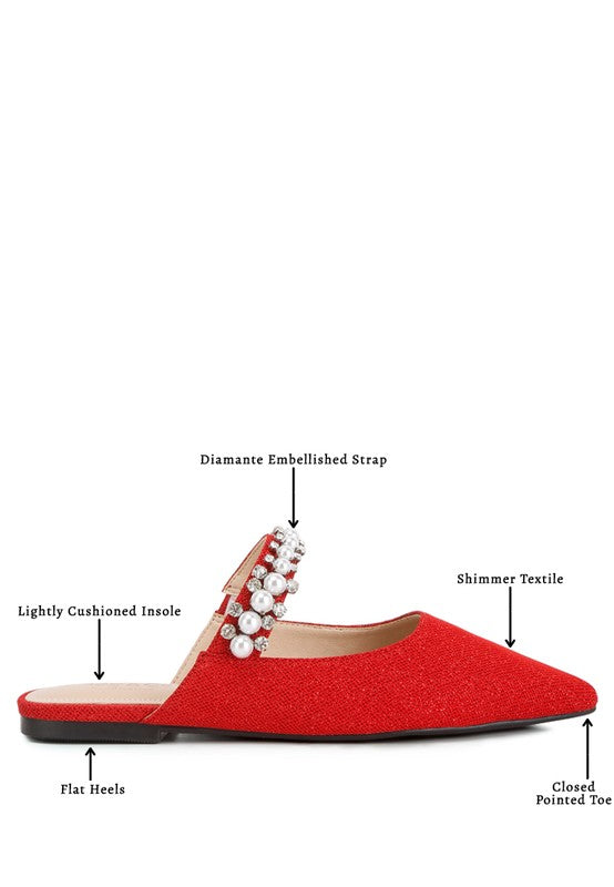 Red GEODE mules features: embellished strap, flat heel, closed pointed toe