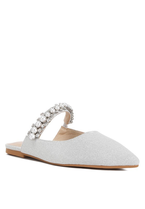 Light color mule with embellished strap of pearls and rhinestones, pointed toe