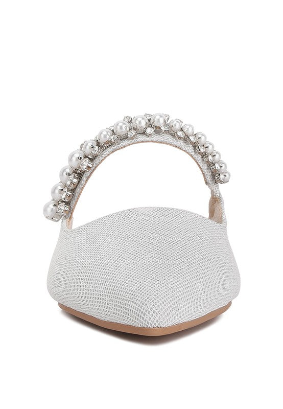 Light color mule back view with pearl-and-rhinestone embellished Mary Jane strap