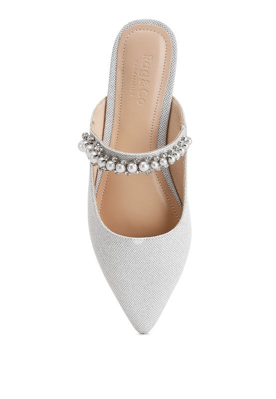 Beige Mary Jane cutout mule with pearl-like bead strap and pointed toe