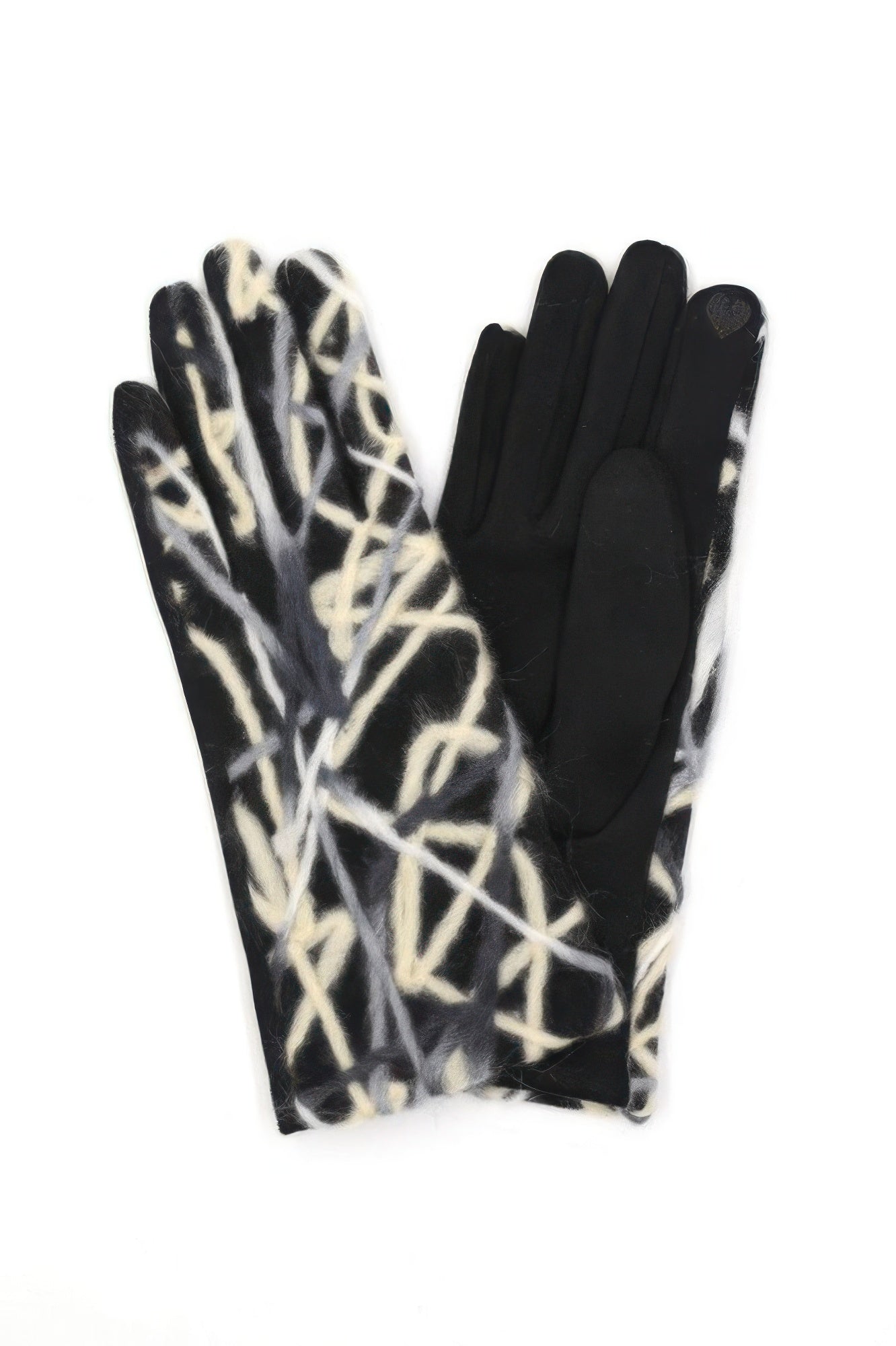 Geometrisch bestickte Handschuhe, schwarze Basis mit cremefarbenen Linien