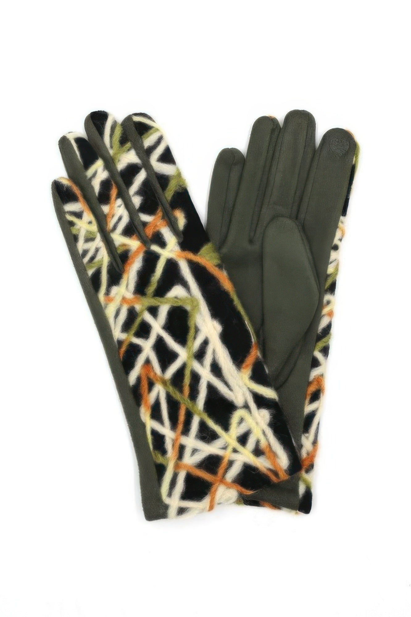 Geometrisch bestickte Handschuhe, olivegrüne Handschuhoberseite mit weißen Linien