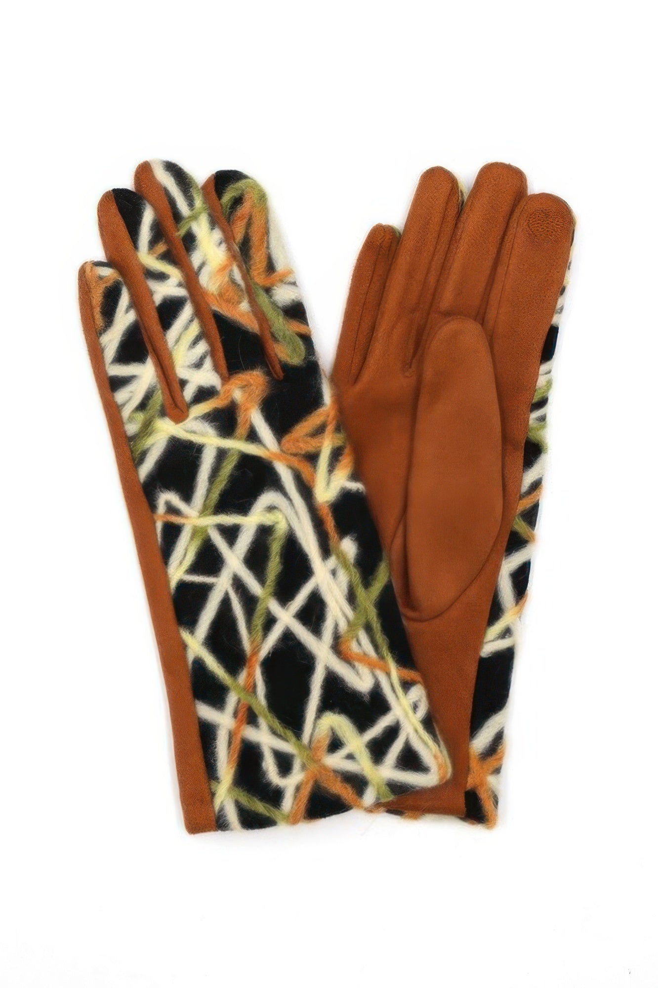 Geometrisch bestickte Handschuhe, rostbraune Außenseite mit weißen und orangefarbenen Linien