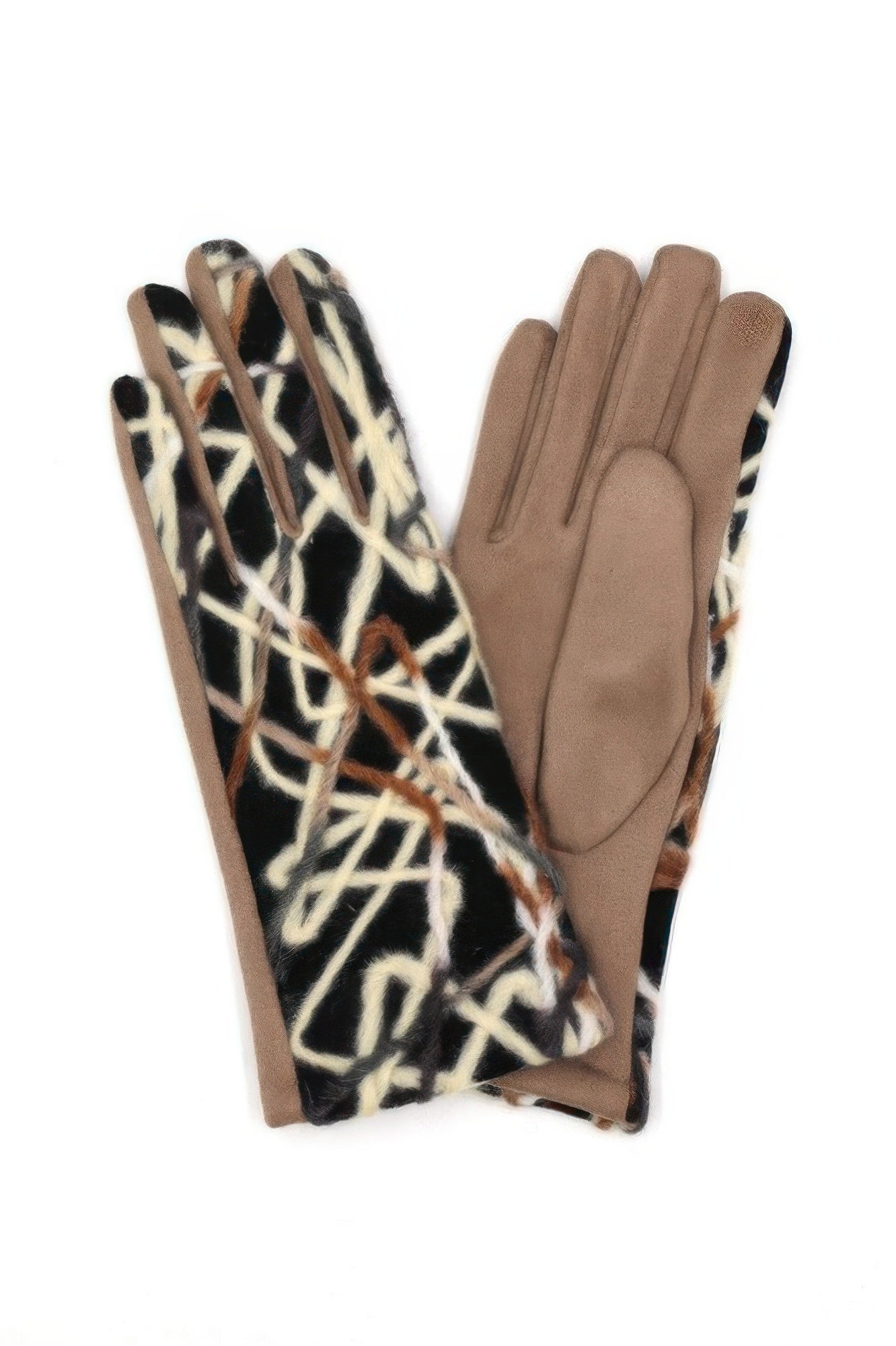 Geometrisch bestickte Handschuhe, taupefarbene Innenseite mit beigen Linien auf Dunkelgrund