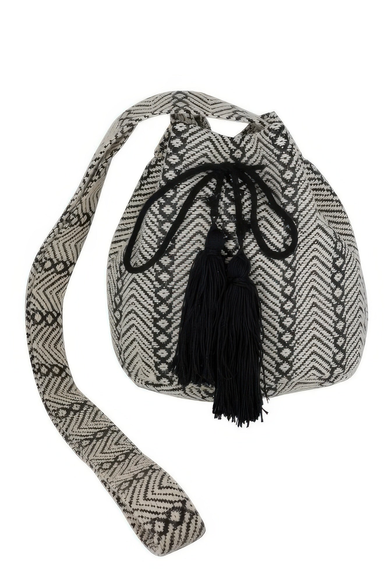Geometric pattern bucket bag, black-and-white with black tassel drawstring