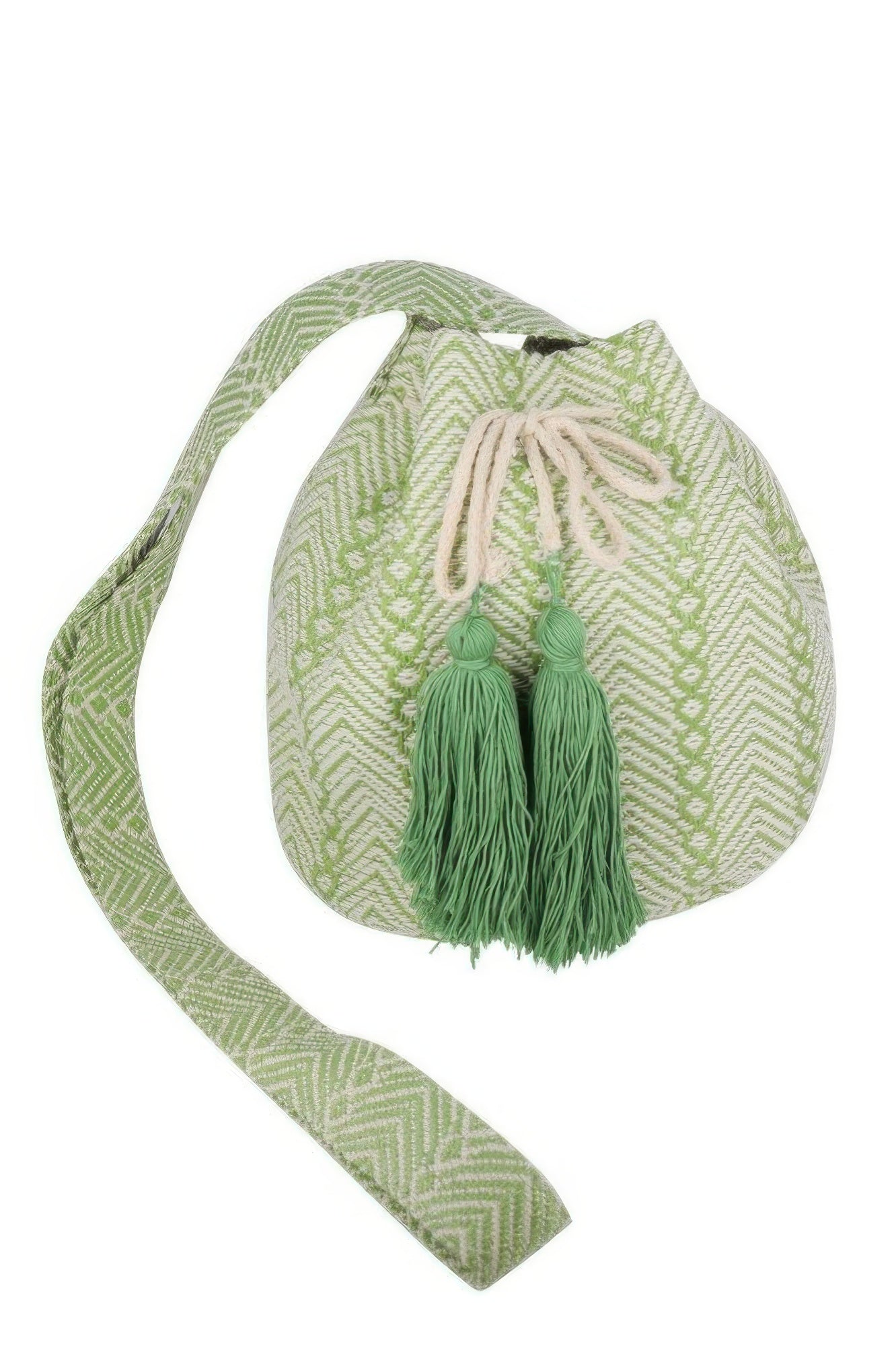 Geometric pattern bucket bag in green, drawstring with green tassel cords
