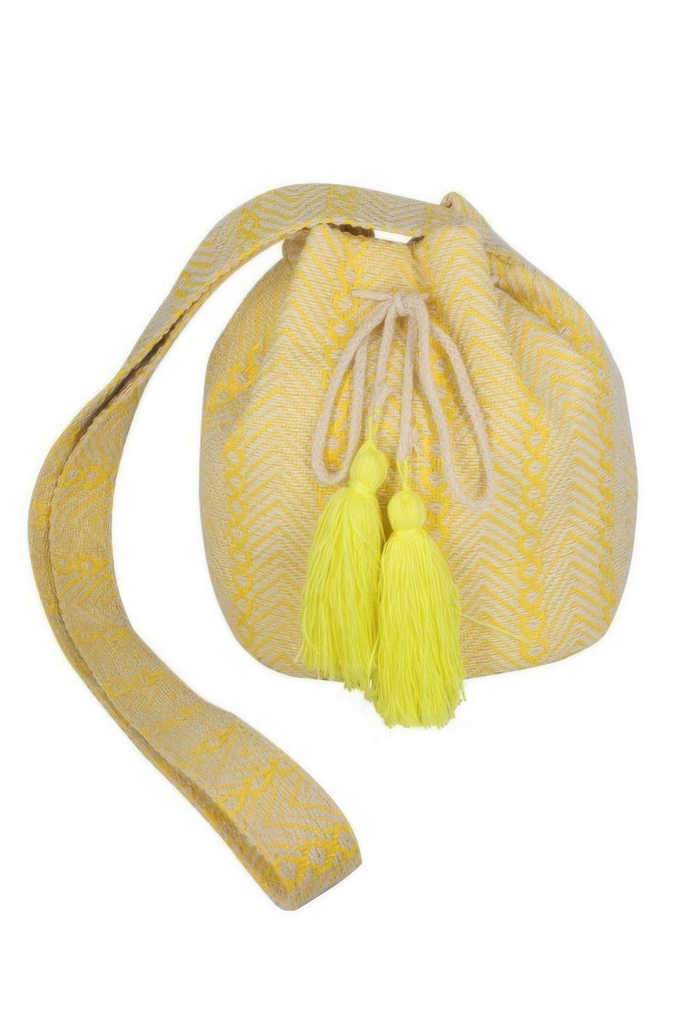 Geometric pattern bucket bag in yellow, drawstring with yellow tassel cords