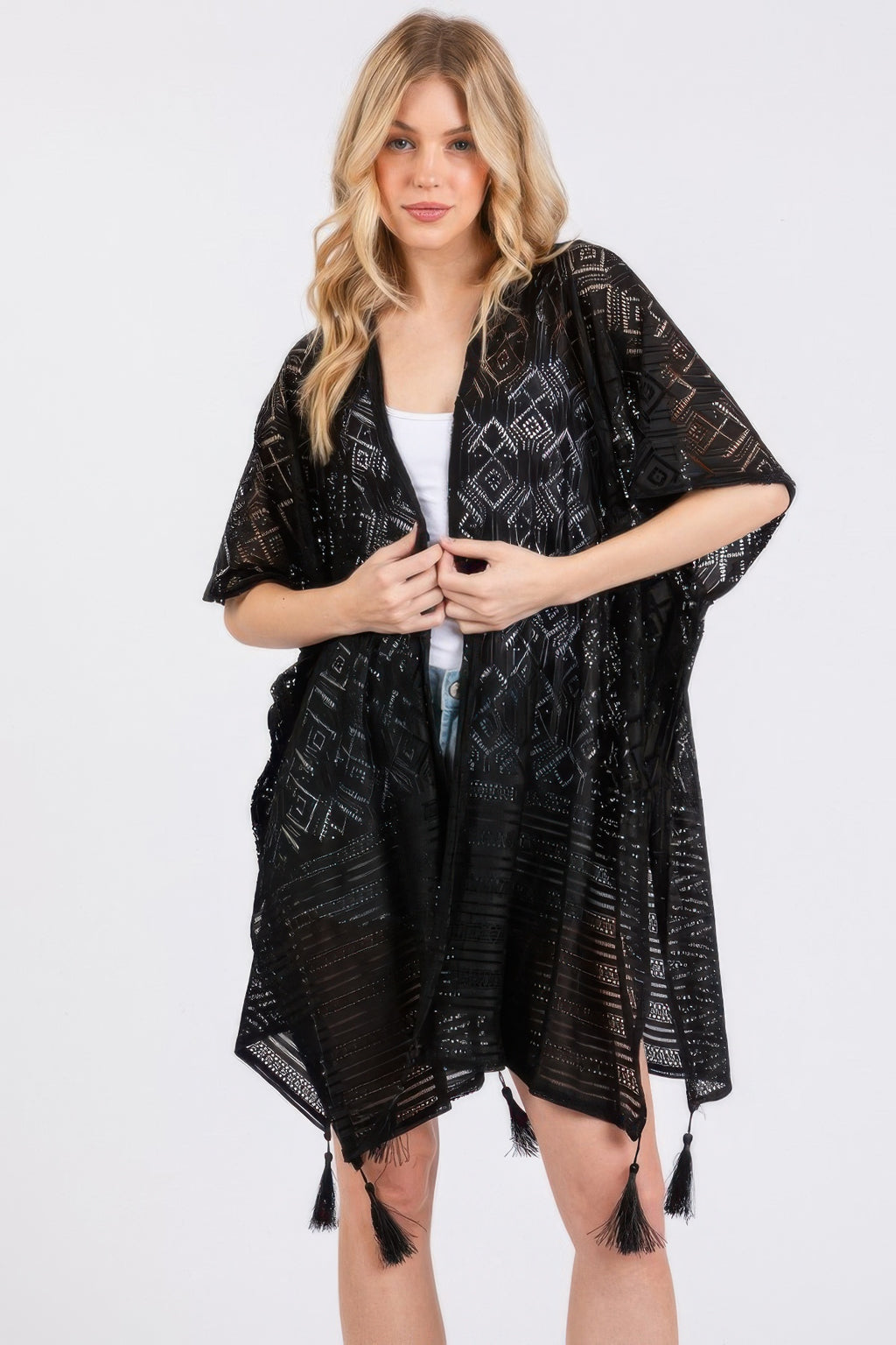 Black geometric pattern tassel cover-up with open V neckline and fringe