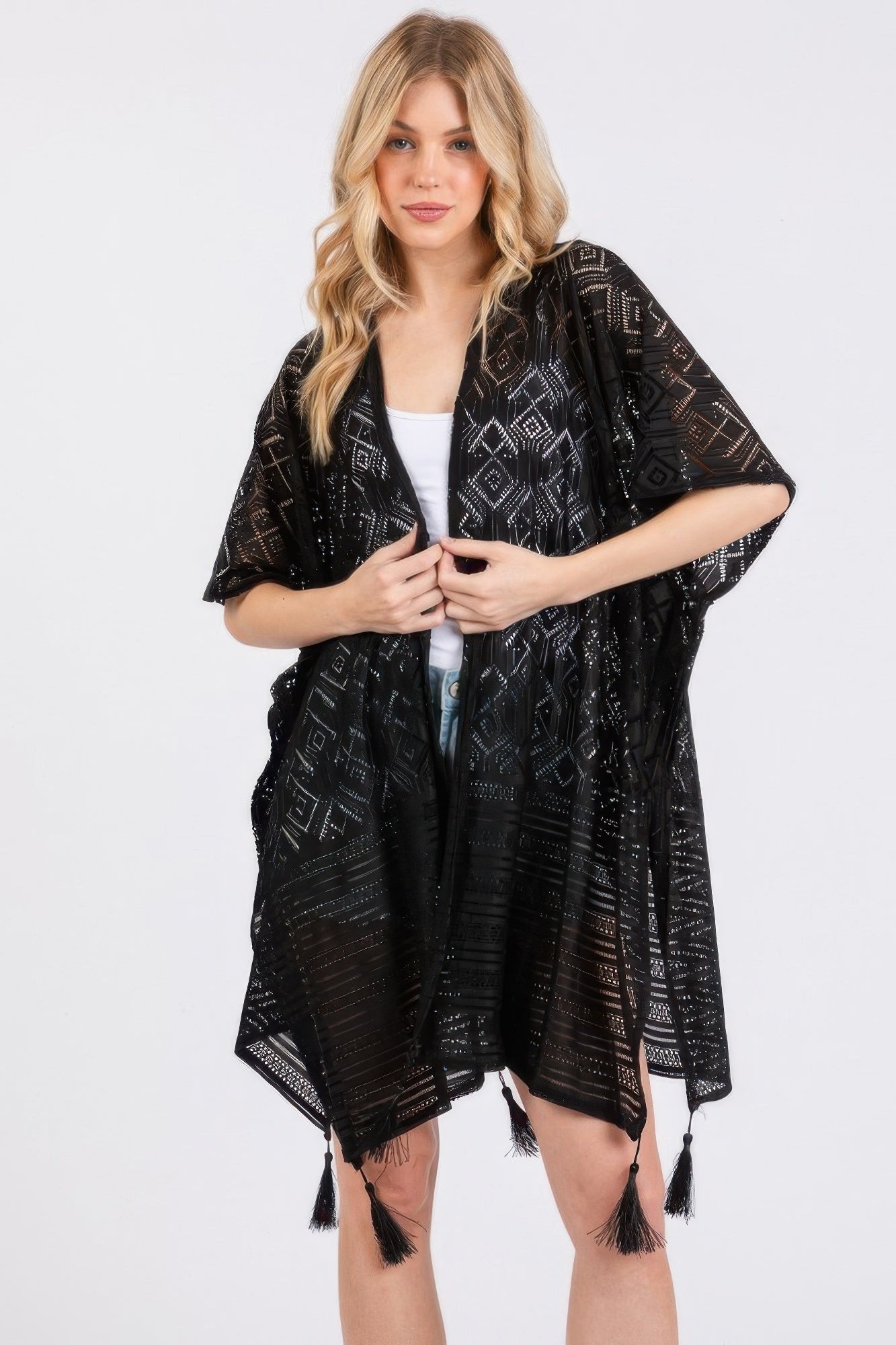 Black geometric pattern tassel cover-up with open V neckline and fringe