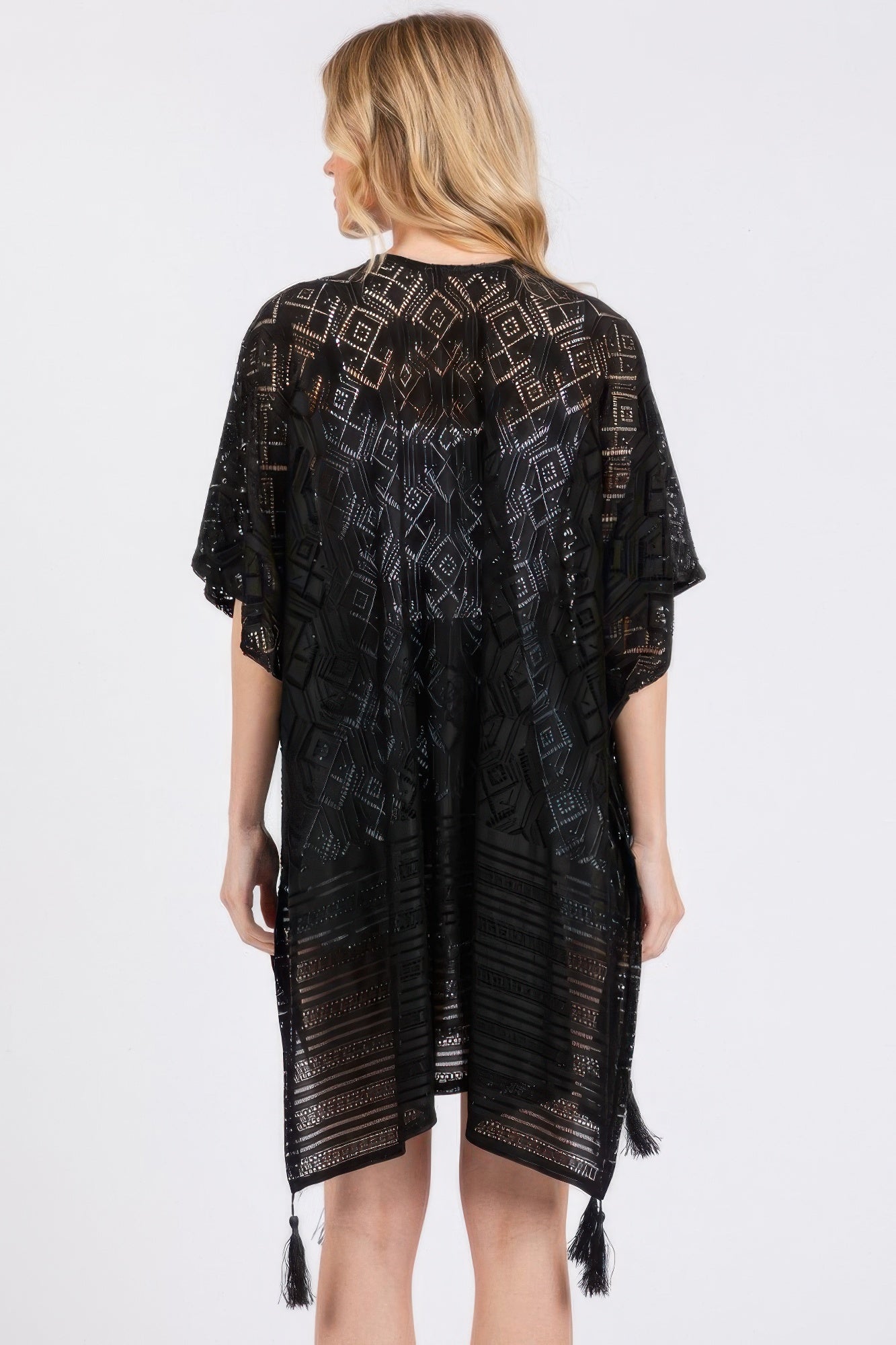 Black geometric tassel cover-up short dolman sleeves, back view