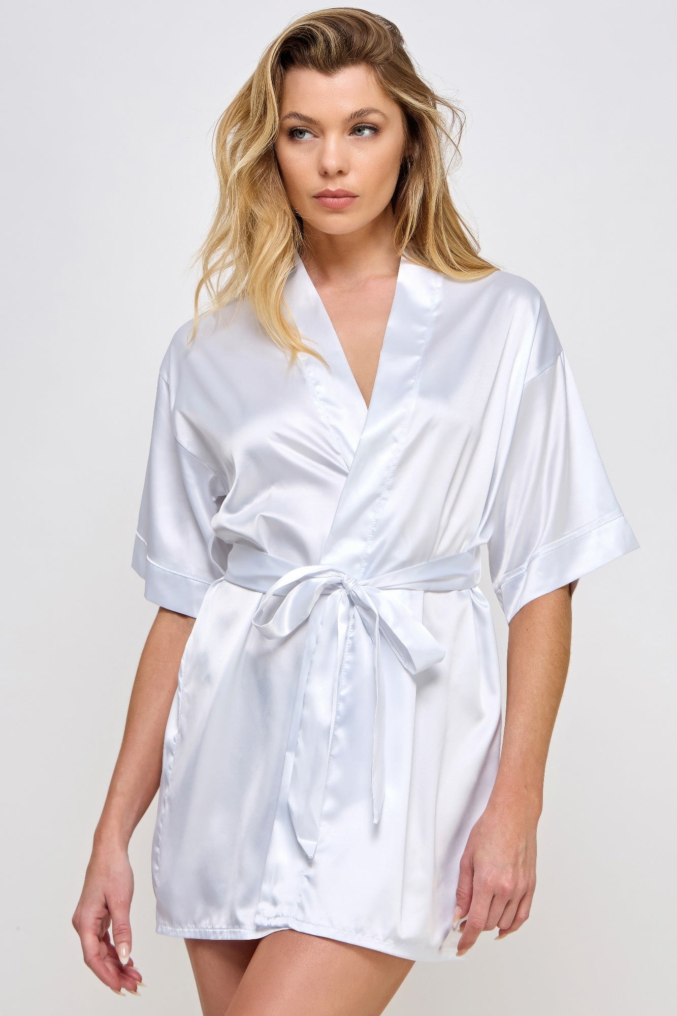 Getting Ready Robe in White satin, V-neck and tie-belt waist, short sleeves