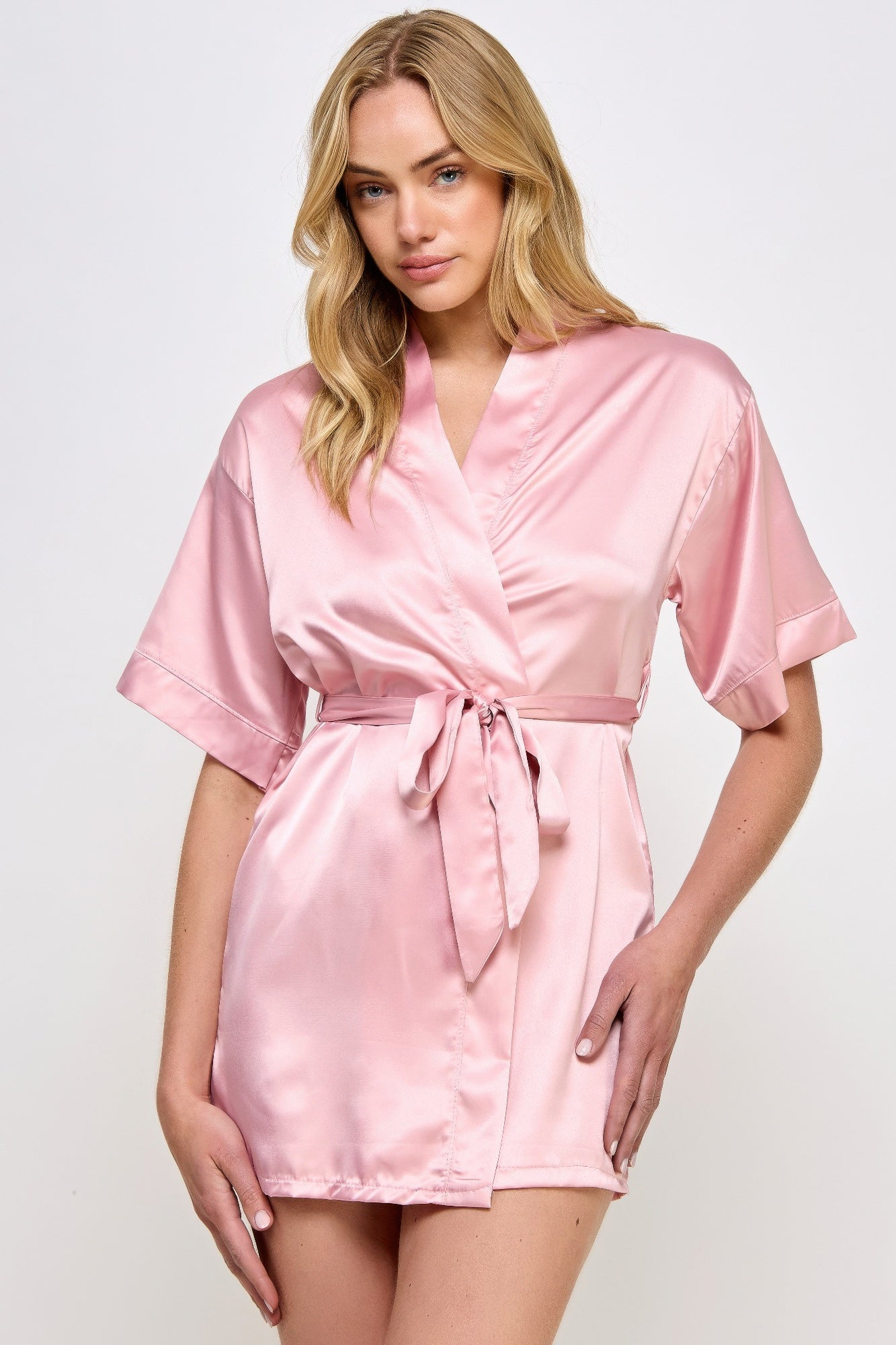 Getting Ready Robe in Rose Pink satin, V-neck and self-tie belt, short sleeves