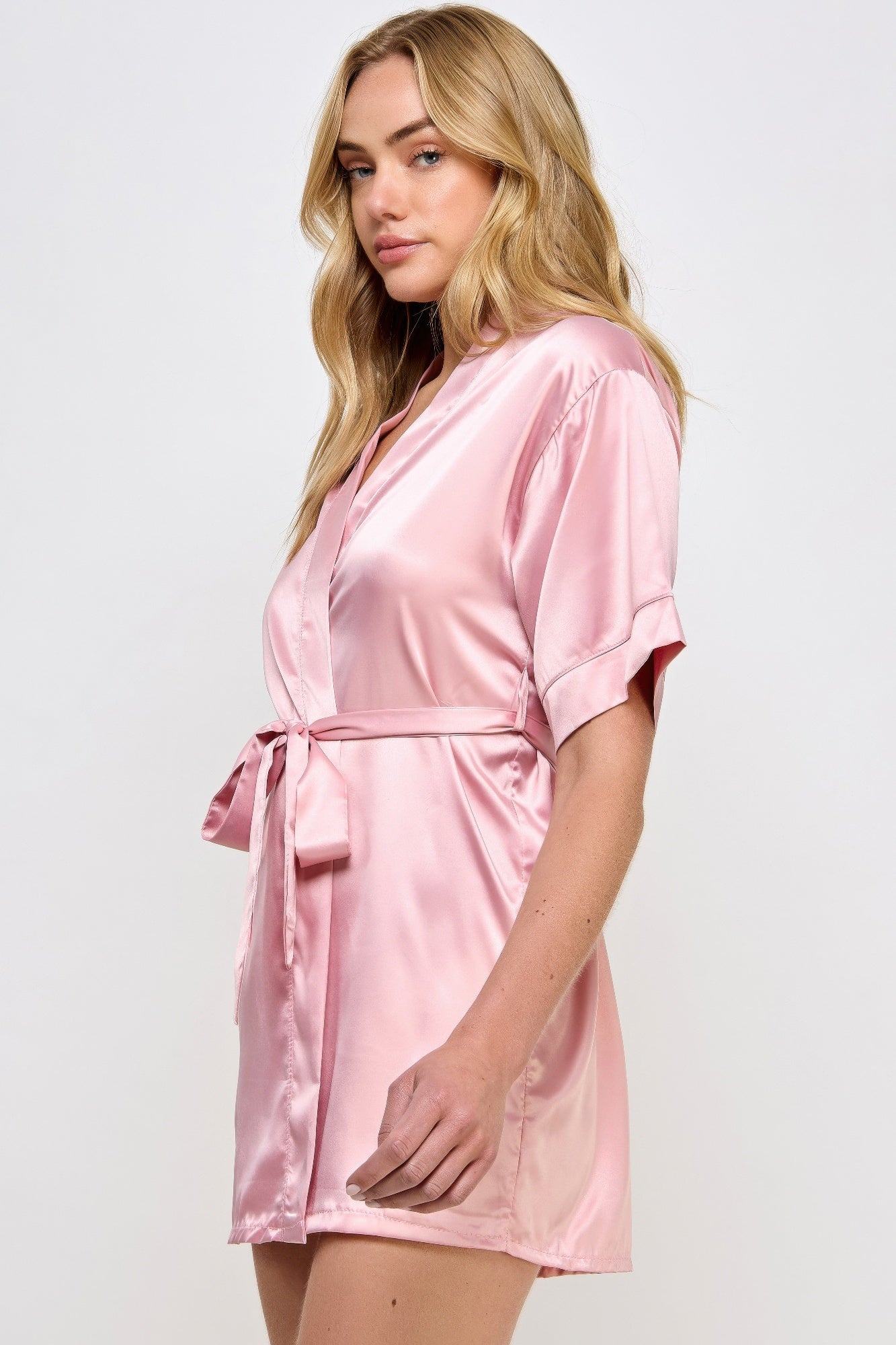 Getting Ready Robe in Rose Pink satin, side view with tied waist and short hem