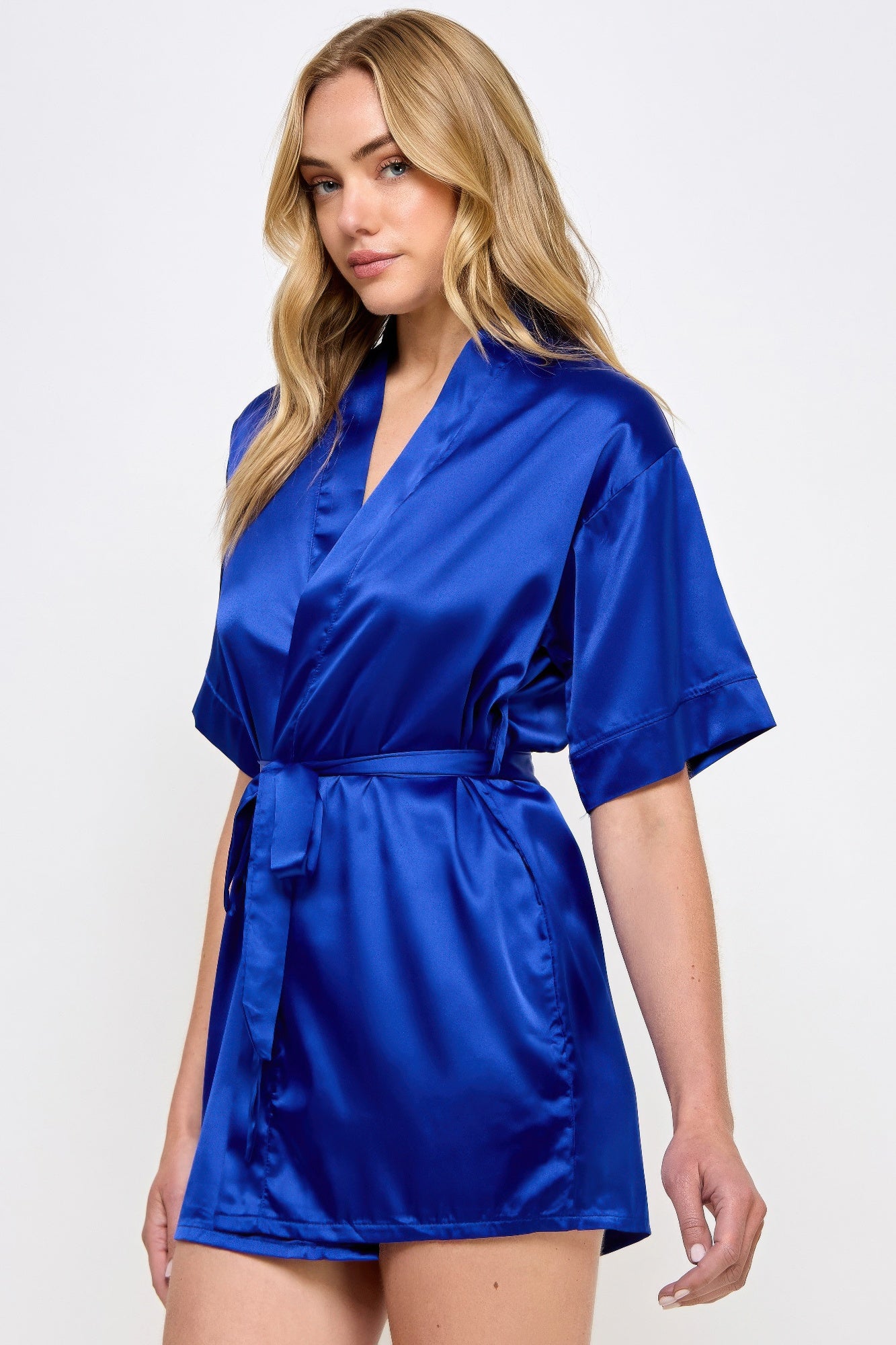 Getting Ready Robe in Royal Blue satin, V-neck with tie waist, flowy short sleeves