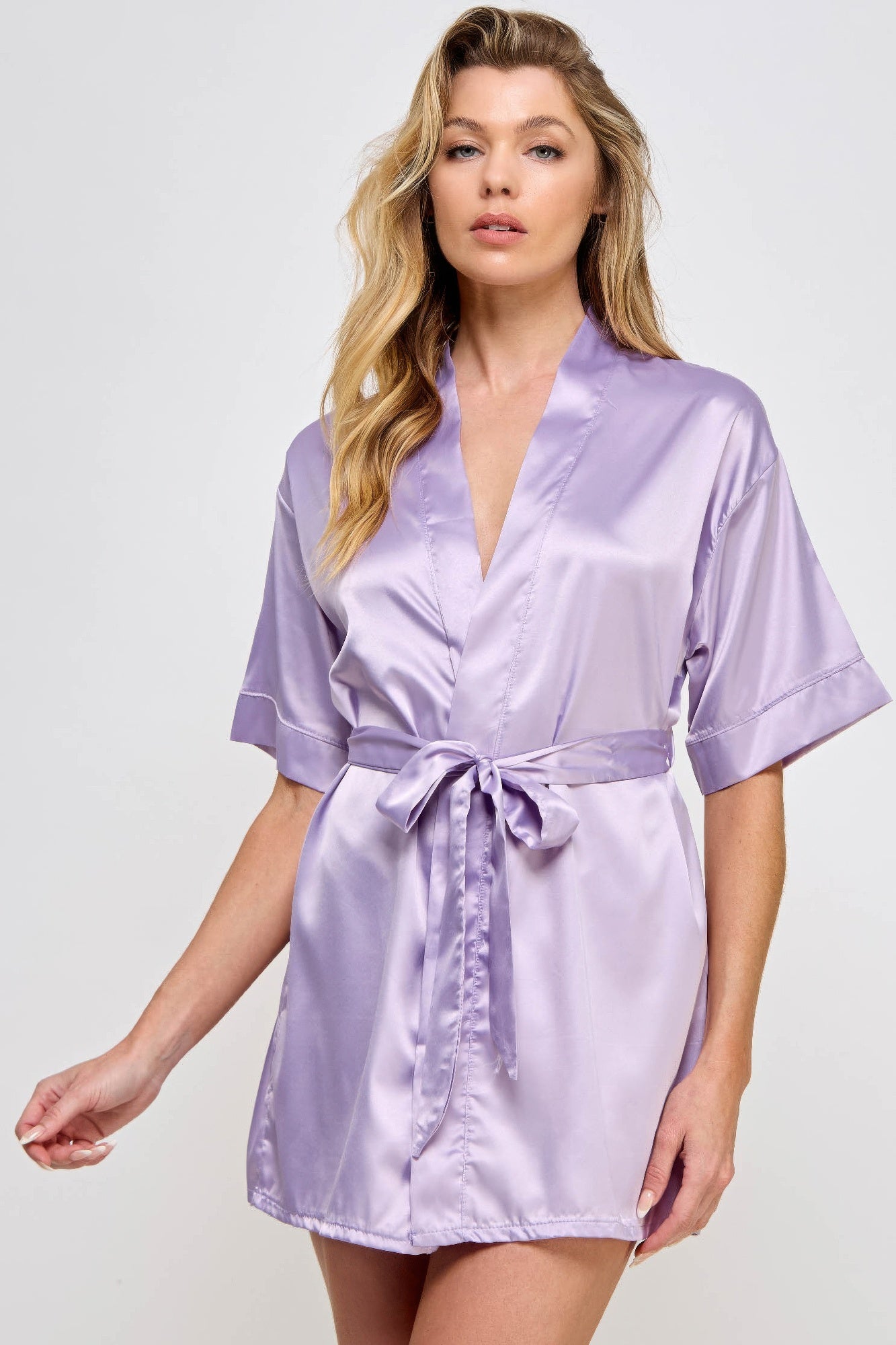 Getting Ready Robe in Lavender satin, V-neck and tie-belt waist, short sleeves