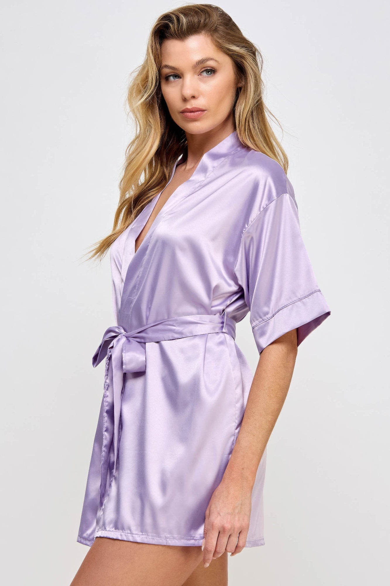Getting Ready Robe in Lavender satin, side view with wrapped tie waist and short hem