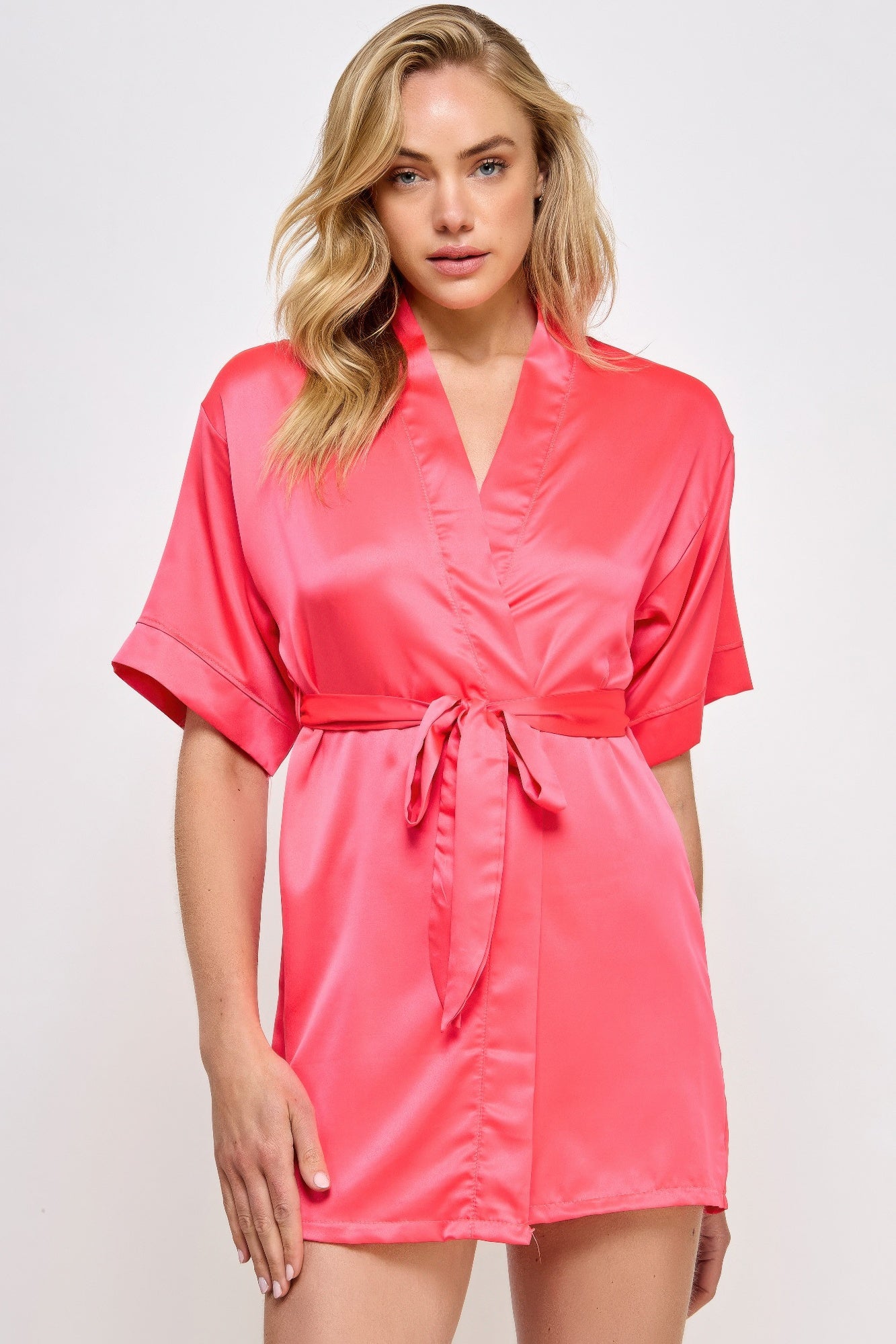 Getting Ready Robe in Hot Pink with belted tie and V-neck