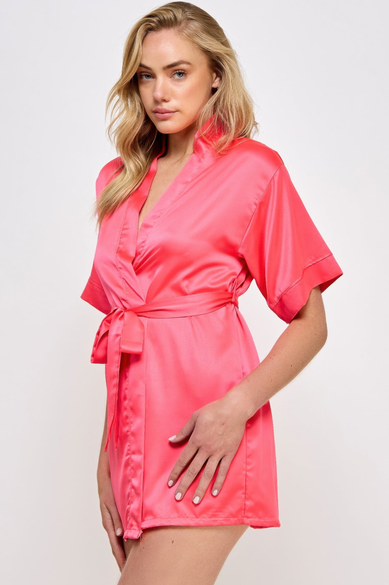 Hot Pink satin robe with short sleeves, front knot belt, and V-neck