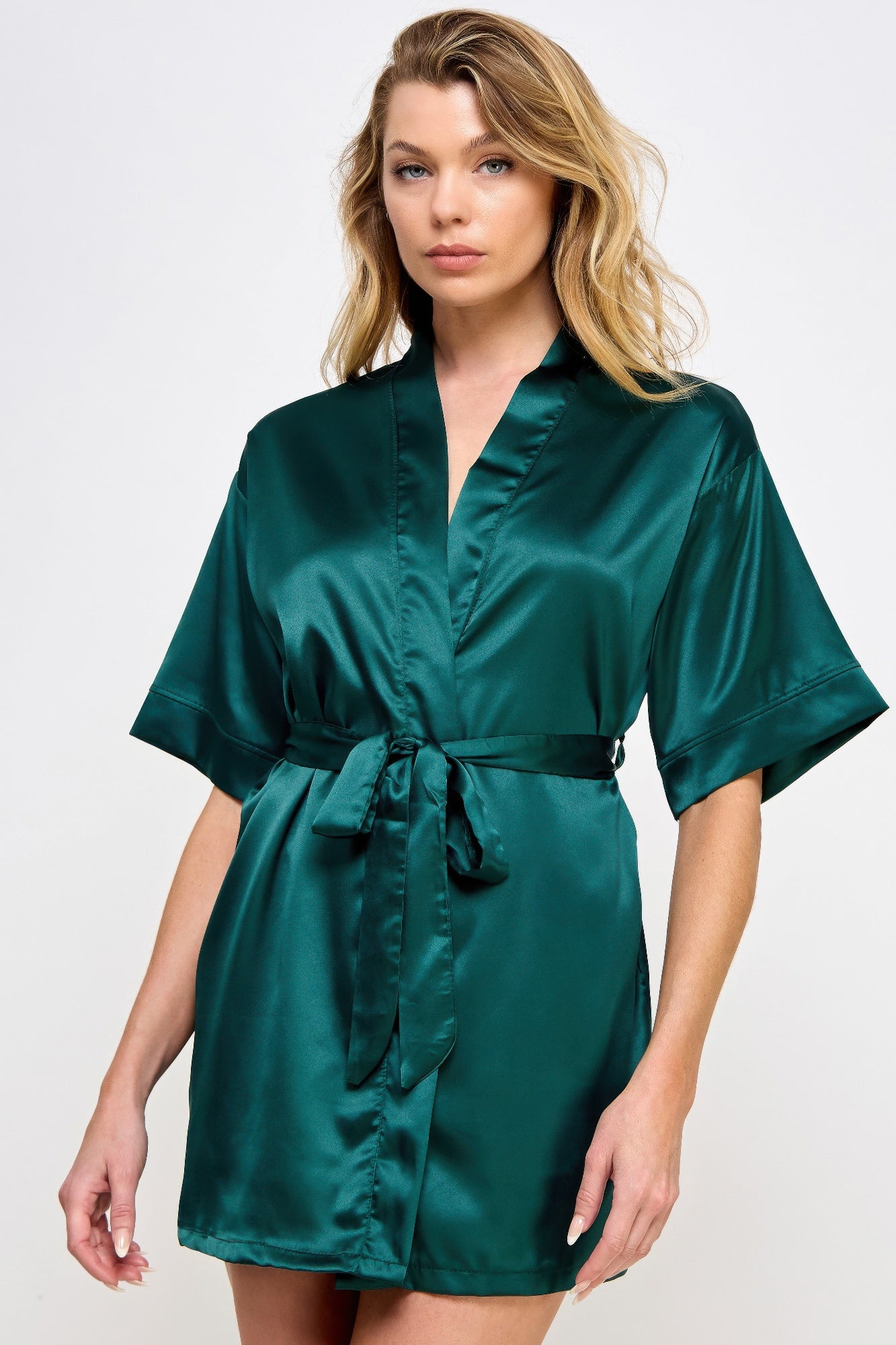 Forest Green satin robe with V-neck and tied waist belt, short sleeves