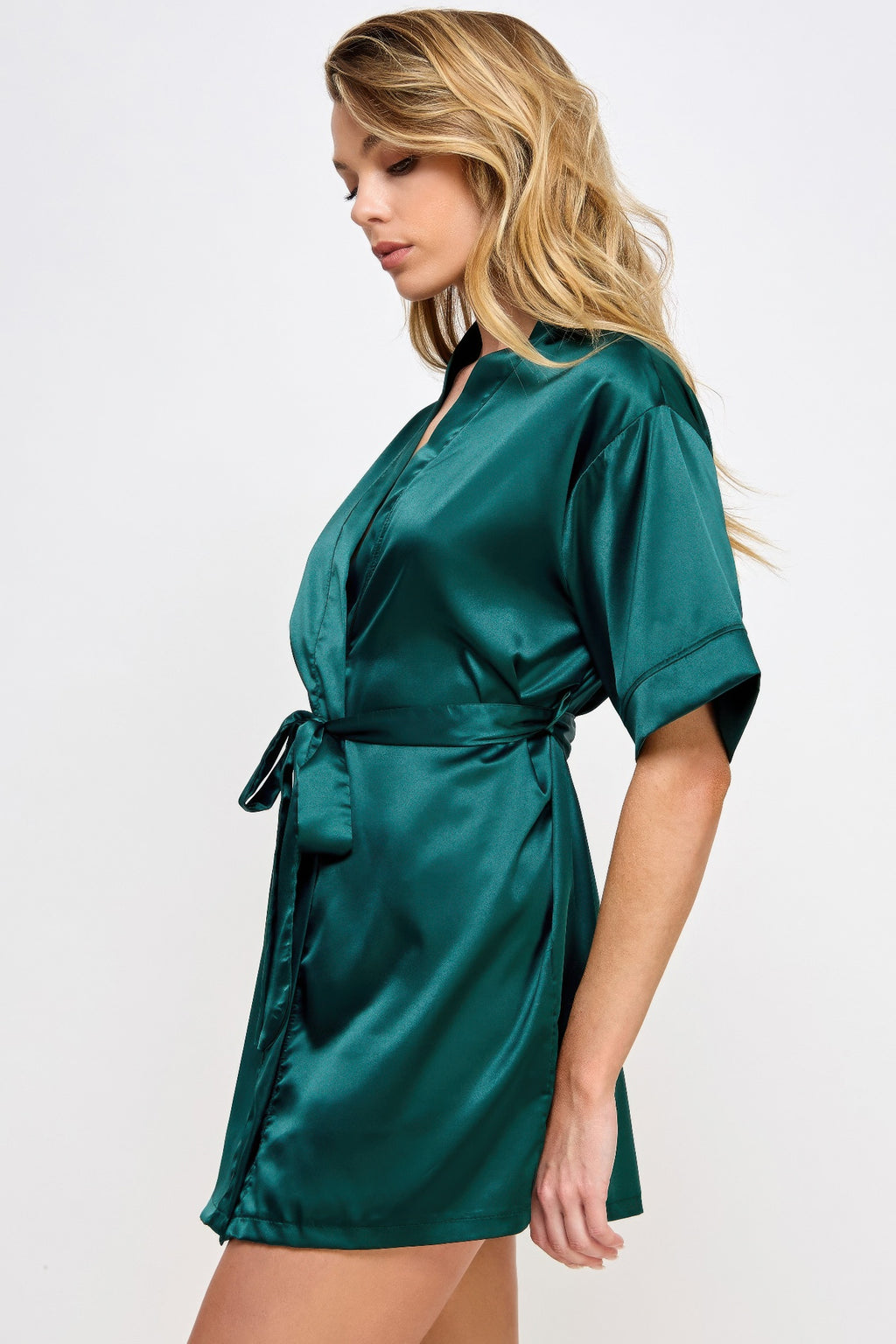 Forest Green satin robe, V-neck, belted waist with tied sash, side view