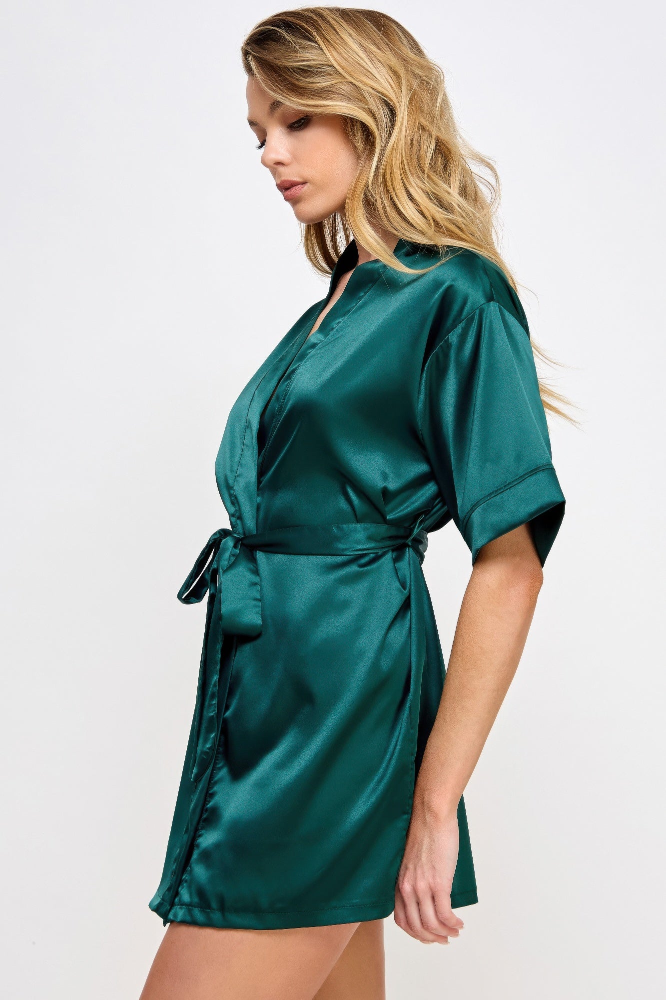 Forest Green satin robe, V-neck, belted waist with tied sash, side view