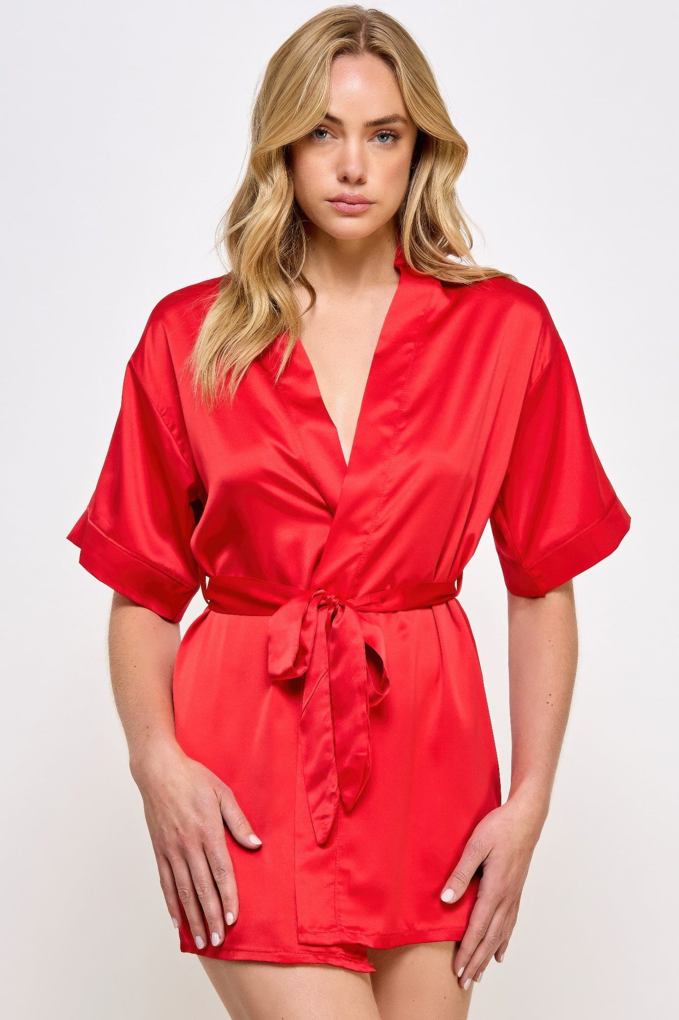 Getting Ready Robe in Red satin with V-neck and waist tie belt