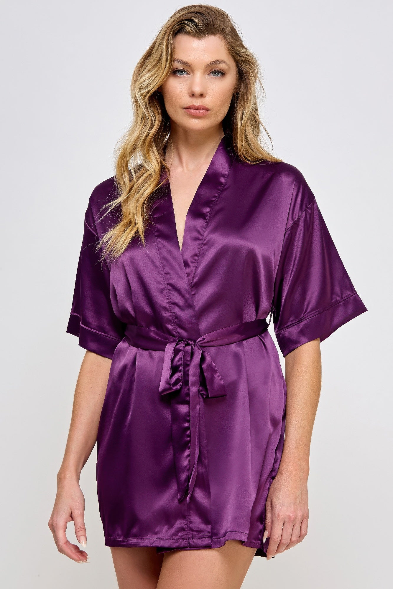 Lavender satin robe with V-neck and waist tie belt, short sleeves