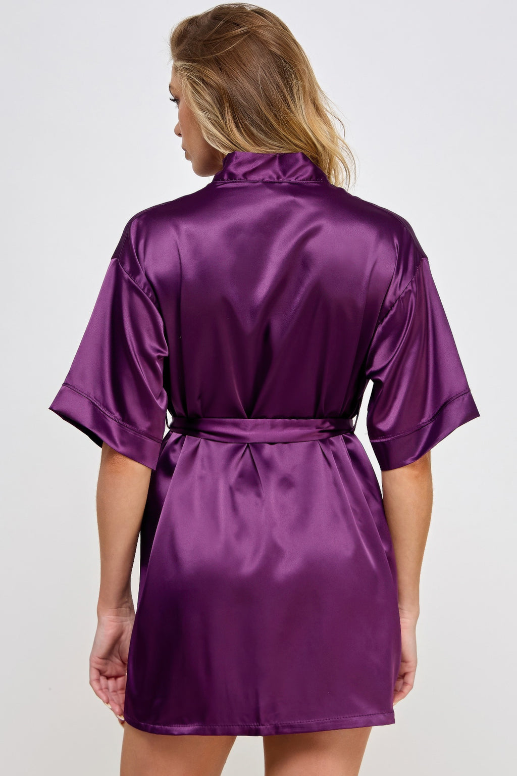 Lavender satin robe back view with waist belt tie and wide short sleeves