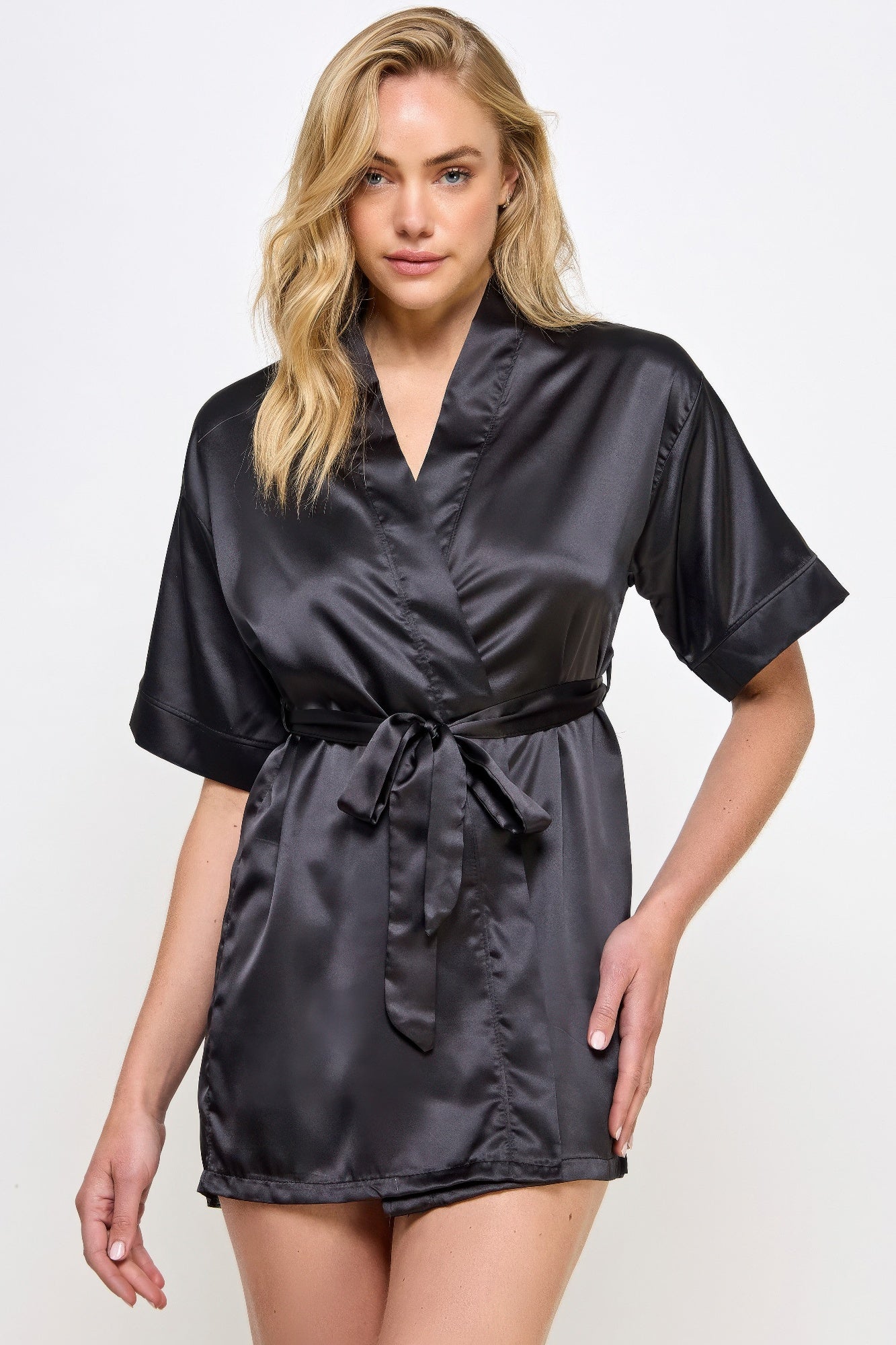 Black satin robe with V-neck, short sleeves, and tied waist belt