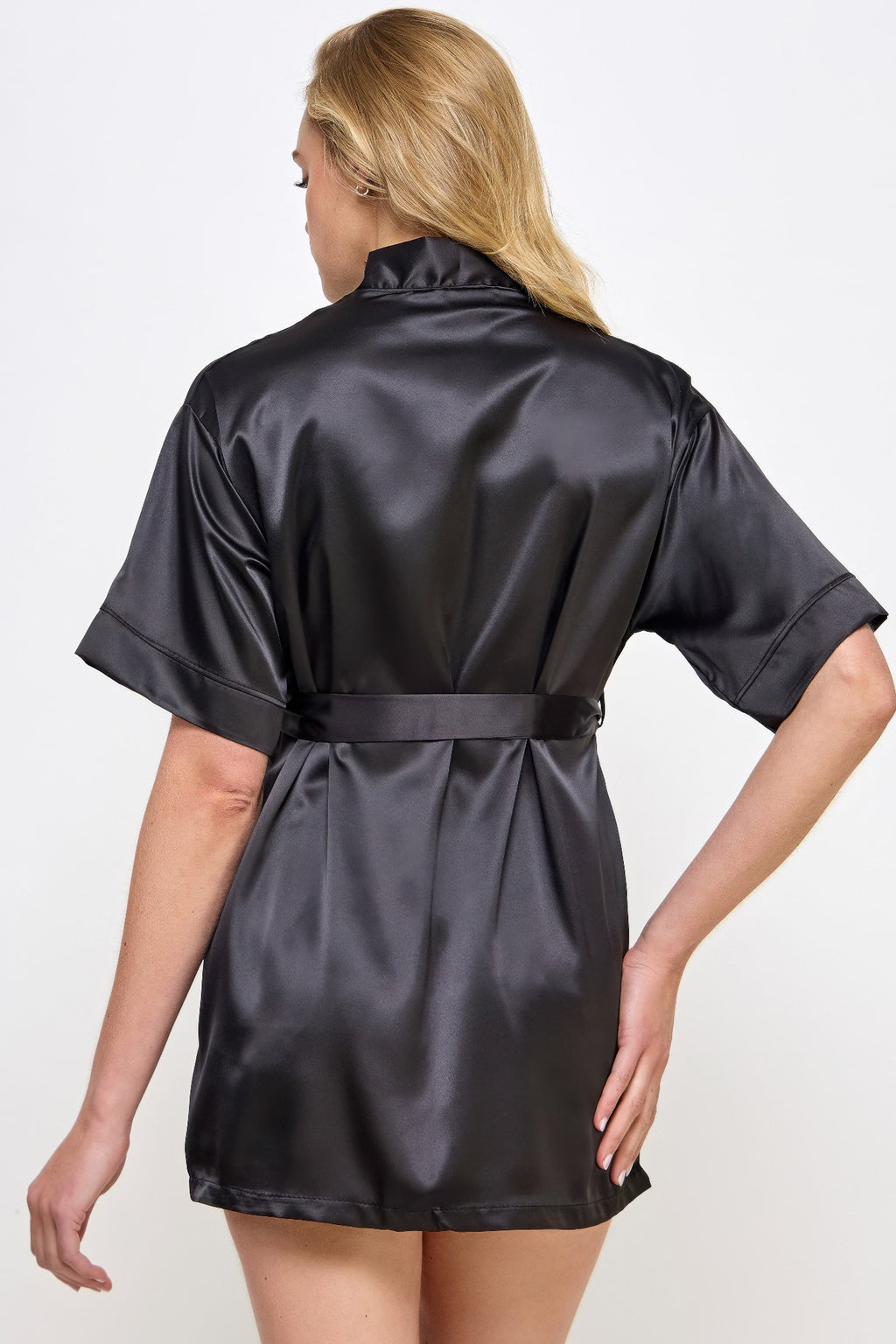 Black satin robe back view with belt tie and wide short sleeves