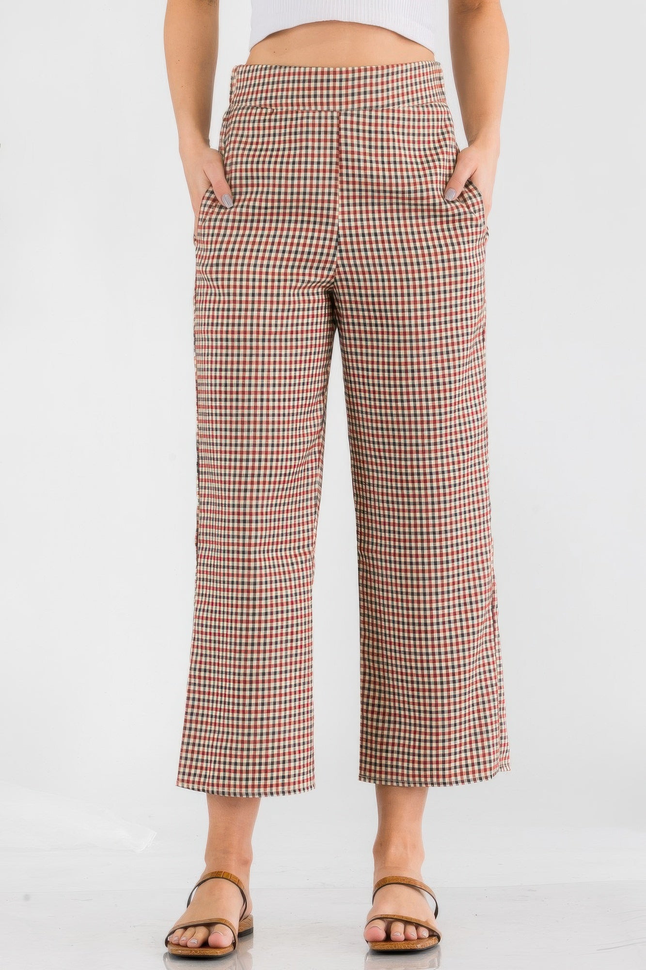 Gingham high-waist pants, back view with yoke seam and stitched pockets