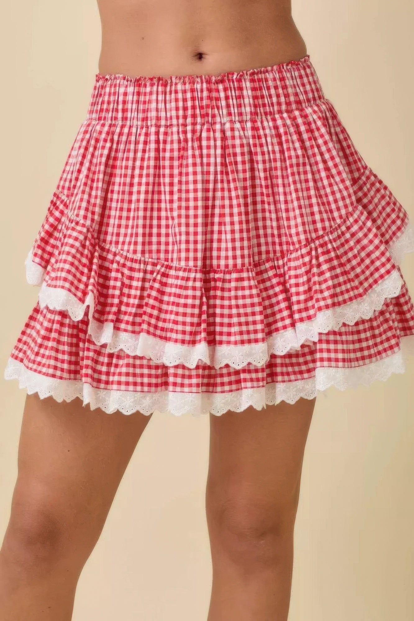 Gingham Ruffle Skort mit elastischem Bund und gestuftem Rüschenrock, rot-weiß